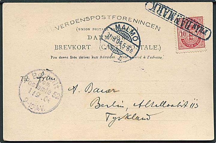 10 øre Våben på brevkort fra København annulleret med svensk skibsstempel Från Danmark og sidestemplet Malmö d. 31.8.1904 til Berlin, Tyskland.