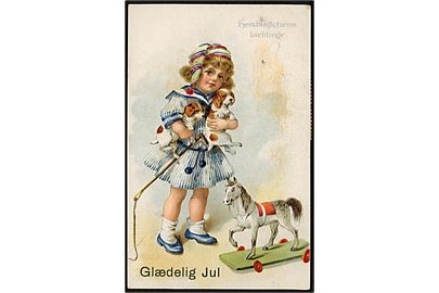 Pige med hundevalke og legetøj. Importeret kort tiltrykt Glædelig Jul.