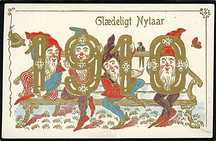 Nytårskort med årstal 1910 og julenisser. 