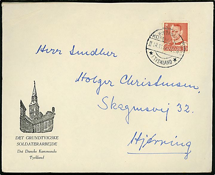30 øre Fr. IX på fortrykt kuvert fra Det grundtvigske Soldaterarbejde / Det danske Kommando i Tyskland annulleret Det danske Kommando / II - II / * i Tyskland d. 14.11.1954 til Hjørring. Sendt fra forlægningen i Itzehoe. 