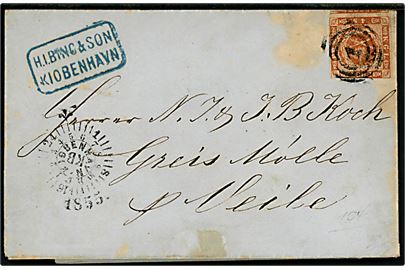 4 sk. 1854 udg. på brev annulleret med nr.stempel 1 og sidestemplet med kompasstempel d. 27.5.1855 til Brødrene Koch, Greis Mølle pr. Vejle. Nusset.
