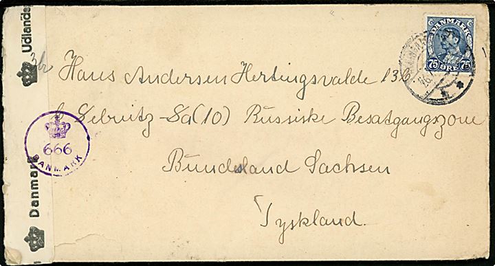 75 øre Chr. X single på brev fra Allingaabro d. 26.7.1946 til Hertigswalde b. Sebnitz i Russisk Zone, Tyskland. Åbnet af dansk efterkrigscensur (krone)/666/Danmark.