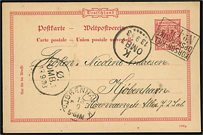 10 pfg. Adler helsagsbrevkort fra Kiel Garden d. 10.9.1893 annulleret med dansk skibsstempel Korsør-Kiel DPSK:POSTKT: No. 4 d. 12.9.1893 til Kjøbenhavn, Danmark.