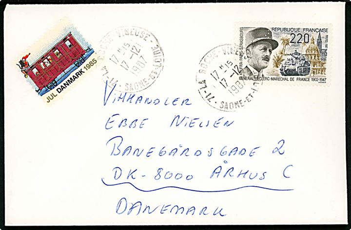 Fransk 2,20 fr. General le Clerc og DANSK Julemærke 1985 på brev stemplet La Boche Vineuse d. 17.12.1987 til Århus, Danmark.