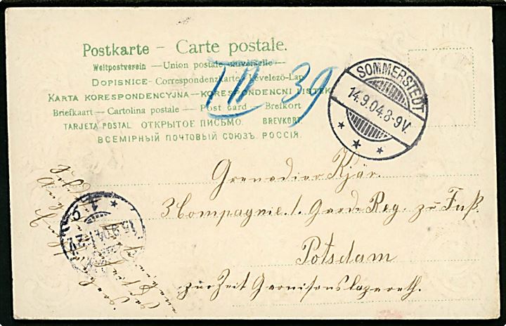 Ufrankeret brevkort mærket “Soldatenbrief – Eigene Angelegenheit des Empfängers” fra Sommerstedt d. 14.9.1904 til sønderjysk soldat, Grenadier Kjär, ved 3. Compagnie 1 garde Infanterie Regiment zu Fuss i Potsdam - påskrevet: Zur Zeit Garnisionslazarett.
