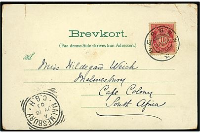 10 øre Posthorn på brevkort fra Bergen d. 20.6.1900 til Malmesbury, Cape Colony, South Africa. Ank.stemplet Malmesburg C.G.H. d. 18.7.1900. God destination.