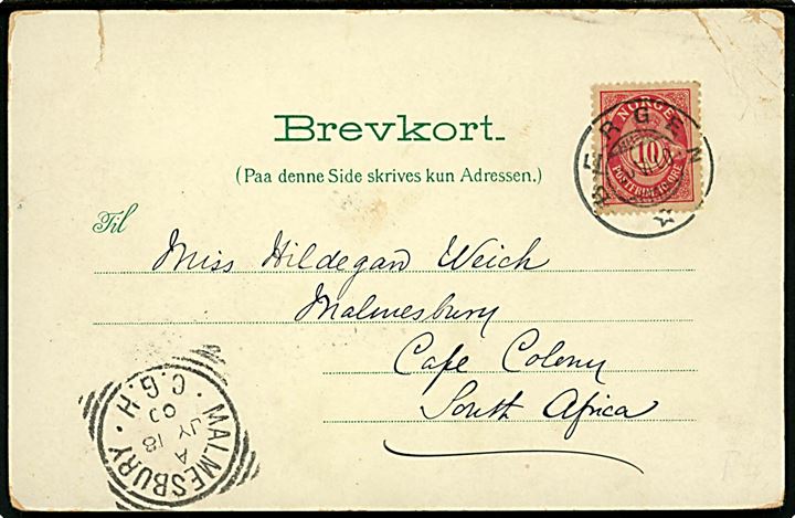 10 øre Posthorn på brevkort fra Bergen d. 20.6.1900 til Malmesbury, Cape Colony, South Africa. Ank.stemplet Malmesburg C.G.H. d. 18.7.1900. God destination.