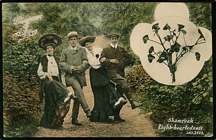 ½d Edward VII på brevkort (Language of Flowers: Shamrock Light heartedness) sendt i Nordirland fra Larne d. 4.9.1906 til Belfast.