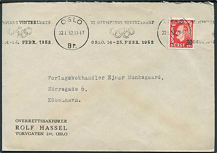 30/25 øre Provisorium på brev annulleret med TMS VI Oympiske Vinterleker Oslo 14.-25. Febr. 1952/ Oslo d. 22.1.1952 til København, Danmark.