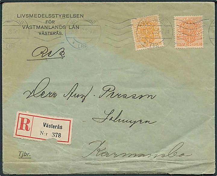 2 öre og 25 öre Tjenestemærke på anbefalet brev fra Västerås d. 5.8.1918 til Karmansbo.
