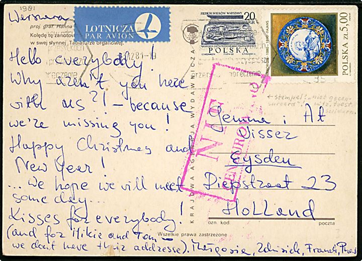 5,20 Zl. frankeret luftpost brevkort fra Warszawa d. 3.12.1981 til Holland. Ikke censureret med rammestempel Nie Censurowano fra den militære undtagelsestilstand. 