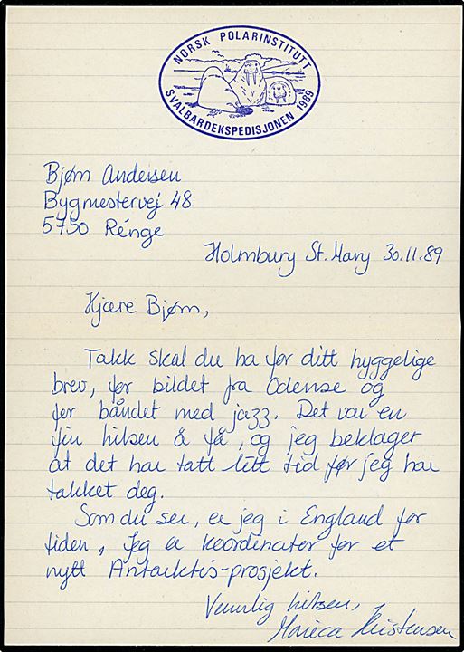 Britisk 2d og 22d Elizabeth med perfin UCL (University College London) på brev med fuldt indhold fra den norske polarforsker Monica Kristensen i Holmbury, Surrey stemplet Guildford d. 11.12.1989 til Ringe, Danmark. 