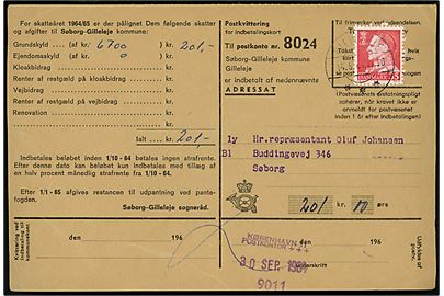 35 øre Fr. IX på indbetalingskort fra Gilleleje d. 14.5.1964 til Søborg. Indbetalt med violet kontorstempel med sorteringskode København 11 Postkontor +++ / 9011 (Forløber for postnumre).