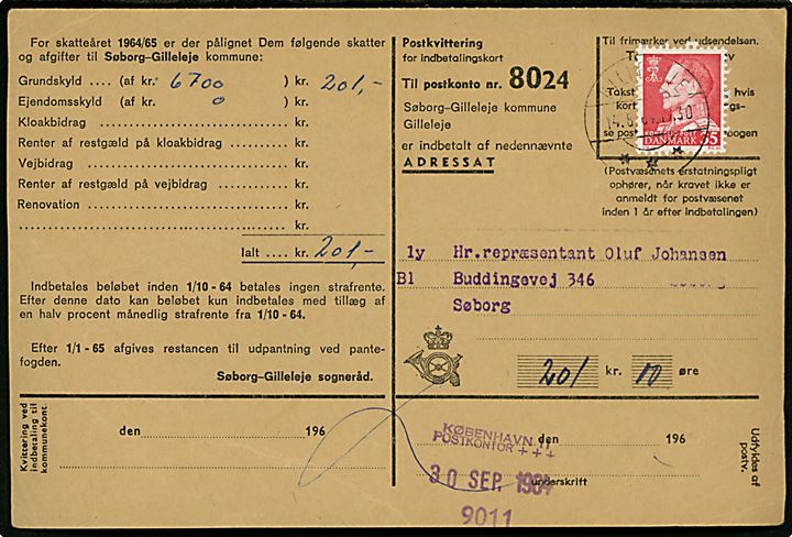 35 øre Fr. IX på indbetalingskort fra Gilleleje d. 14.5.1964 til Søborg. Indbetalt med violet kontorstempel med sorteringskode København 11 Postkontor +++ / 9011 (Forløber for postnumre).