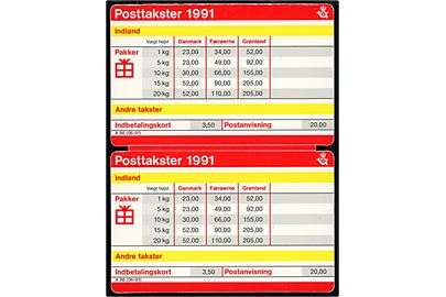 Posttakster 1991. 2 sammenhængende tabeller i lommeformat. Formular A86 (06-91)