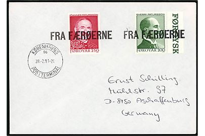2 kr. og 2,50 kr. Forfattere på skibsbrev annulleret Fra Færøerne og sidestemplet Københavns Postterminal sn66 d. 28.2.1991 til Aschaffenburg, Tyskland.