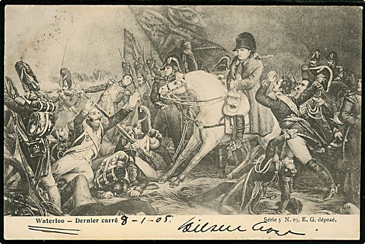 10 c. på brevkort (Napoleon ved Waterloo) annulleret Waterloo d. 8.1.1905 til København, Danmark.