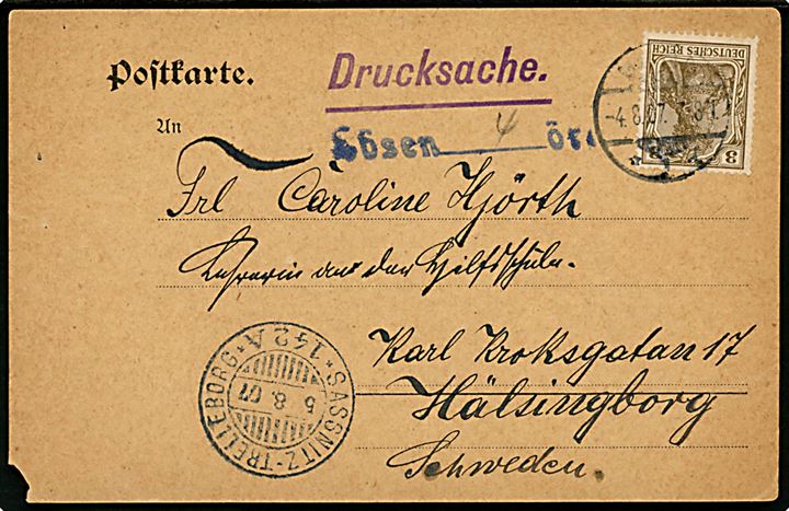 3 pfg. Germania på underfrankeret tryksagskort fra Bonn d. 4.8.1907 via svensk sejlende postkontor Sassnitz-Trelleborg 142A d. 5.8.1907 til Hälsingborg, Sverige. Portostempel: Lösen 4 öre.