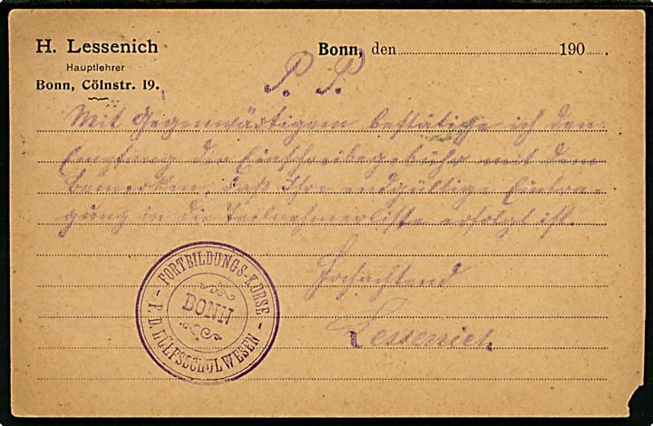 3 pfg. Germania på underfrankeret tryksagskort fra Bonn d. 4.8.1907 via svensk sejlende postkontor Sassnitz-Trelleborg 142A d. 5.8.1907 til Hälsingborg, Sverige. Portostempel: Lösen 4 öre.