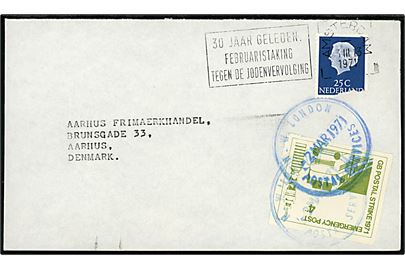4d GB Postal Strike 1971 Emergency Post annulleret N.W.London Postal Services d, 2.3.1971 og hollandsk 25 c. (defekt) stemplet Amsterdam d. 3.3.1971 på brev fra Rickmansworth, England til Aarhus, Danmark. 