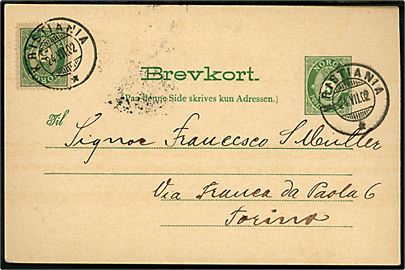 5 øre helsagsbrevkort opfrankeret med 5 øre Posthorn fra Kristiania d. 24.7.1902 til Torino, Italien.