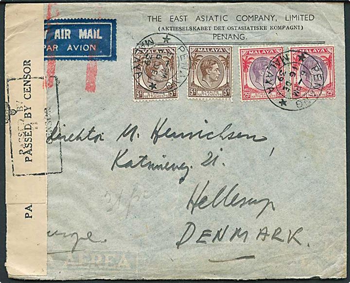 5 c. (2) og 25 c. (2) George VI på luftpostbrev fra Penang Malaya d. 16.12.1939 til Hellerup, Danmark. Åbnet af lokal censur.
