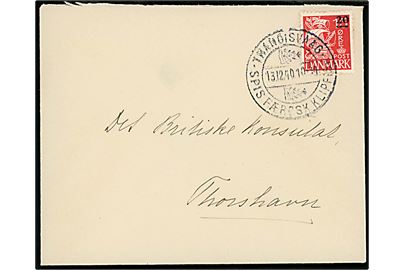 20/15 øre Provisorium på brev annulleret med klipfiskstempel i Trangisvaag d. 13.12.1940 til det britiske konsulat i Thorshavn.