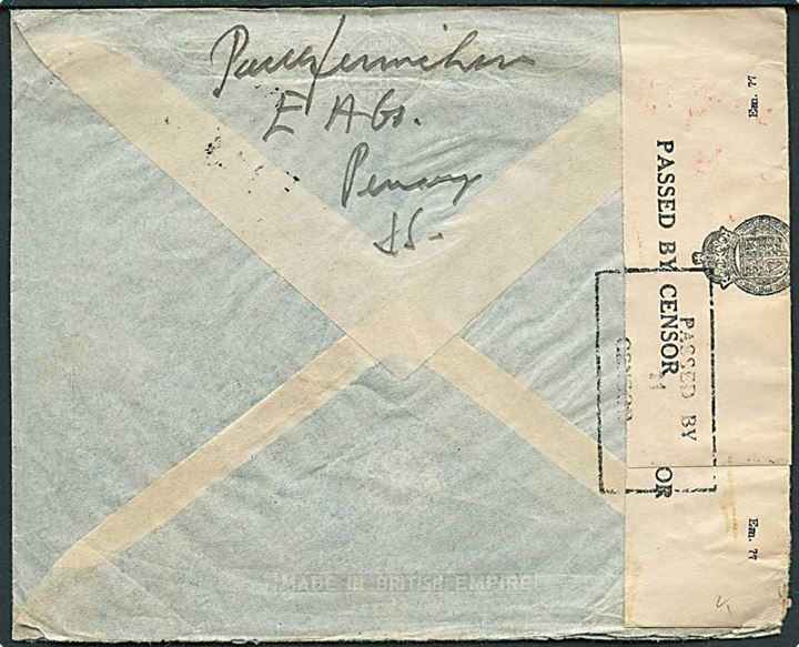 5 c. (2) og 25 c. (2) George VI på luftpostbrev fra Penang Malaya d. 16.12.1939 til Hellerup, Danmark. Åbnet af lokal censur.