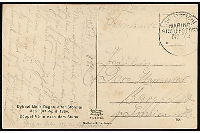 Ufrankeret feltpostkort (Dybbel mølle dagen efter stormen den 18.4.1864) stemplet Kais. Deutsche Marineschiffspost No. 72 (= SMS Zähringen) d. 28.12.1915.