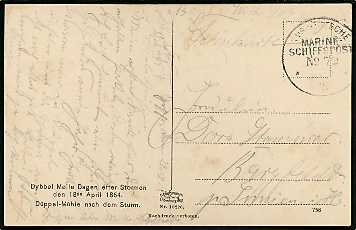 Ufrankeret feltpostkort (Dybbel mølle dagen efter stormen den 18.4.1864) stemplet Kais. Deutsche Marineschiffspost No. 72 (= SMS Zähringen) d. 28.12.1915.