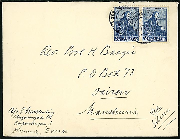 30 øre Thorvaldsen i parstykke på brev påskrevet via Sibirien fra København d. 27.7.1939 til Dairen, Manchuriet. 