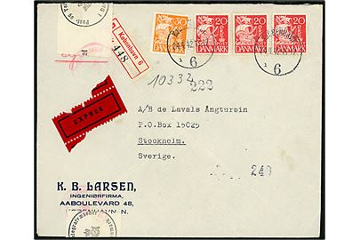 20 øre (3) og 30 øre Karavel på 90 øre frankeret anbefalet ekspresbrev annulleret med brotype IIIc Kjøbenhavn 6 sn1 d. 24.4.1942 til Stockholm, Sverige. Åbnet af censuren i København.