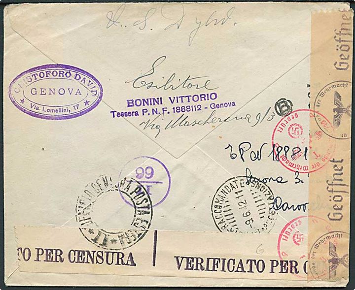 Italiensk 1,25 l. på brev fra dansk sømand ombord på schweisisk handelsskib S/S Maloja i Genova d. 9.6.1942 til Nr. Saltum, Danmark. Åbnet af både italiensk og tysk censur. Skibet blev i 1943 sænket ved en fejltagelse af britiske fly fra RAF nær Corsica i Middelhavet.