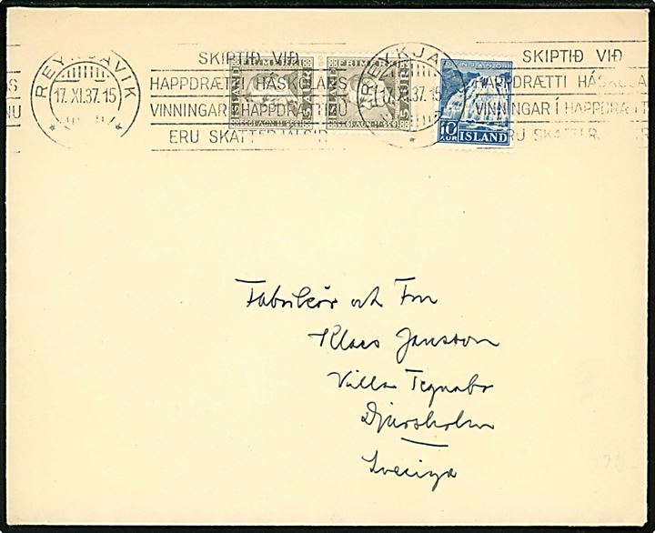 5 aur Jochumsson (par) og 10 aur Dynjandi på brev fra Reykjavik d. 17.11.1937 til Djursholm, Sverige.
