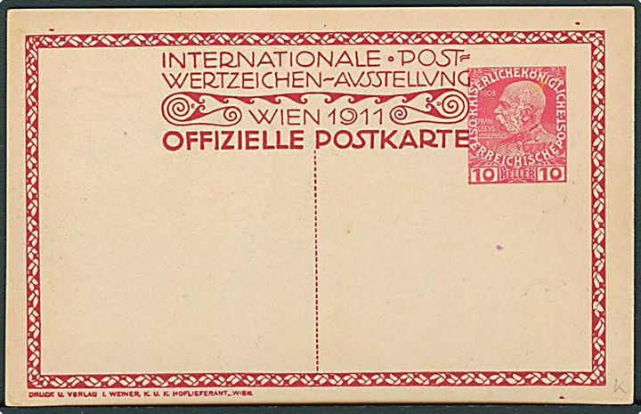H. Kalmsteiner. Internationale frimærkeudstilling i Wien 1011. 10 h. illustreret helsagsbrevkort, ubrugt.