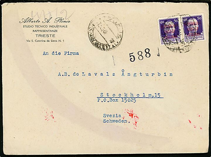 50 ct. Repubblica Sociale Italiana Provisorium (2) på brev fra Trieste d. 22.3.1944 til Stockholm, Sverige. Åbnet af tysk censur i Berlin.