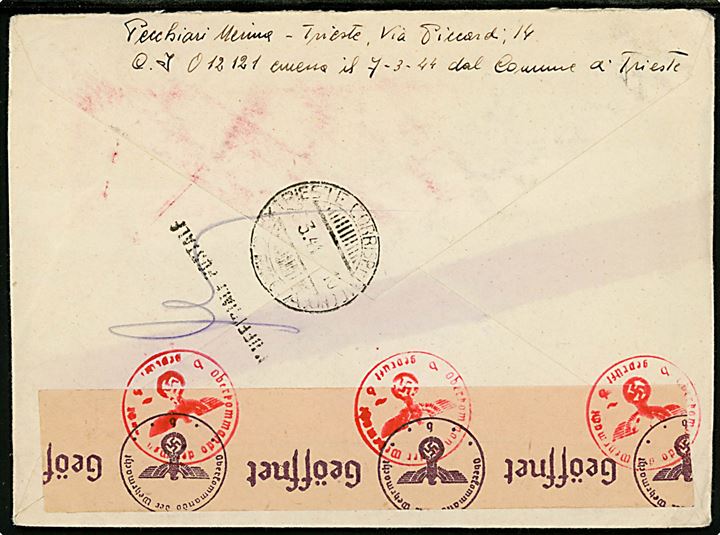 50 ct. Repubblica Sociale Italiana Provisorium (2) på brev fra Trieste d. 22.3.1944 til Stockholm, Sverige. Åbnet af tysk censur i Berlin.