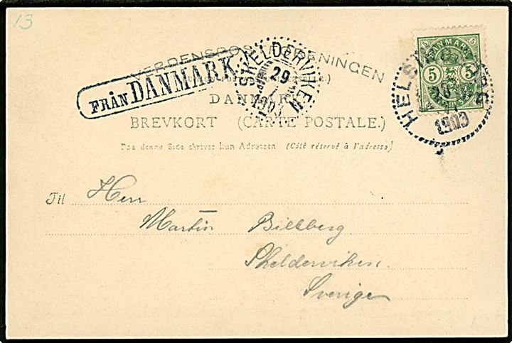 5 øre Våben på brevkort (Kronborg ved Helsingør) annulleret med svensk stempel i Helsingborg d. 28.7.1903 og sidestemplet Från Danmark til Skelderviken, Sverige.