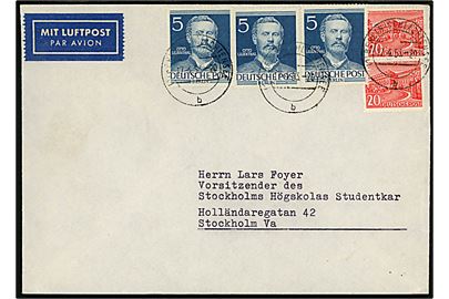 5 pfg. Lilienthal (3) og 20 pfg. Hochschule (2) på 55 pfg. frankeret luftpostbrev fra Berlin Schlachtensee d. 17.4.1953 til Stockholm, Sverige.
