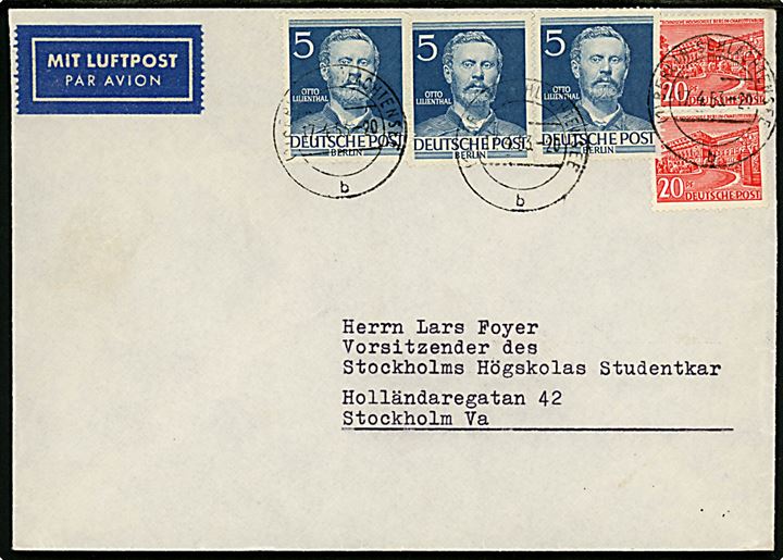 5 pfg. Lilienthal (3) og 20 pfg. Hochschule (2) på 55 pfg. frankeret luftpostbrev fra Berlin Schlachtensee d. 17.4.1953 til Stockholm, Sverige.