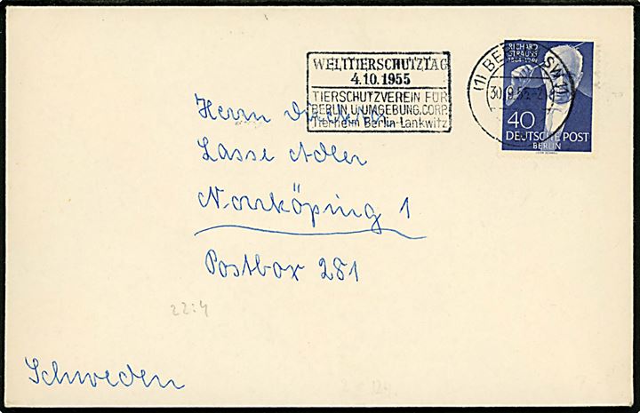 40 pfg. Richard Strauss single på brev fra Berlin SW11 d. 30.9.1955 til Norrköping, Sverige.