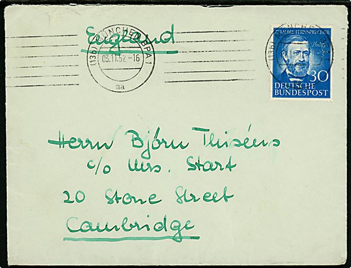 30 pfg. Philipp Reis single på brev fra München BPA 1 d. 3.11.1952 til Cambridge, England.