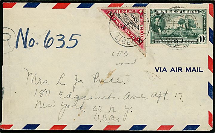 10 c. Buchanan og 70/2 c. 3-kantet luftpost håndstempel provisorium på anbefalet luftpostbrev fra Harper d. 31.7.1946 via Monrovia til New York, USA. Afkortet i venstre side.
