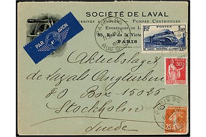 25 c. (defekt), 50 c. og 1,50 Fr. Jernbane kongres på luftpostbrev fra Paris d. 19.6.1937 til Stockholm, Sverige.