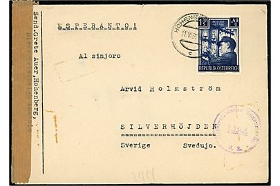 1,70 S + 40 gr. Genopbygning single på brev fra Hohenberg d. 11.6.1951 til Silverhöjden, Sverige. Åbnet af østrigsk efterkrigscensur.