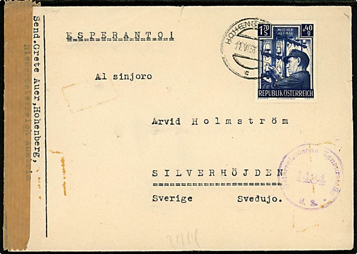 1,70 S + 40 gr. Genopbygning single på brev fra Hohenberg d. 11.6.1951 til Silverhöjden, Sverige. Åbnet af østrigsk efterkrigscensur.