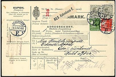 15 øre, 40 øre Karavel og 50 øre Chr. X i parstykke på 155 øre frankeret internationalt adressekort for pakke fra København d. 28.2.1928 til Åbo, Finland.