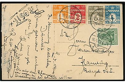1 øre, 2 øre, 3 øre og 4 øre Bølgelinie og tysk 5 pfg. Germania på blandingsfrankeret brevkort stemplet i Lübeck d. 16.4.1908 til Hamburg.