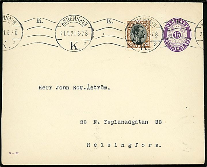 15 øre helsagskuvert (fabr. S-27) opfrankeret med 35 øre Chr. X fra København d. 21.5.1921 til Helsingfors, Finland.