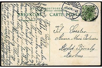 5 øre Chr. X på brevkort annulleret med stjernestempel KIRKE-STILLINGE og sidestemplet Slagelse JB.P.E. d. 24.8.1914 til Aarhus.